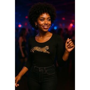 Womens Black Long Sleeve Tiger‎ Sequin Embellished Crew Neck Top Shirt